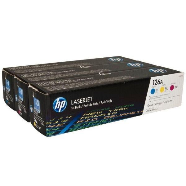Paquete de tres cartuchos de tóner, cian, magenta, amarillo, HP 126A LaserJet (CF341A)-