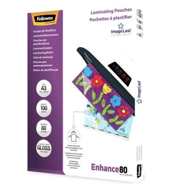 Fellowes Pack 100 Fundas Plastificar Brillo A3 - 80 Micras -Transparente