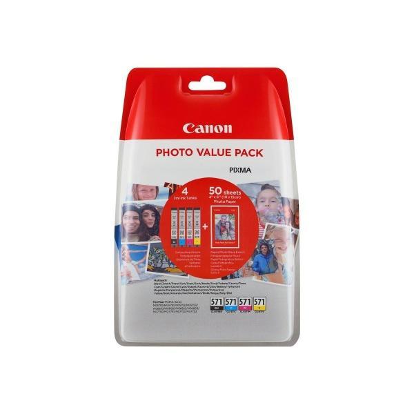 Original Canon CLI571 Pack de 4 Cartuchos de Tinta Originales - 50 Hojas de Papel Fotografico - 0386C006