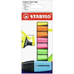 Stabilo Boss Mini Pack de 5 Marcadores Fluorescentes - Trazo entre 2 y 5mm - Tinta con Base de Agua - Antisecado - Colores Surtidos