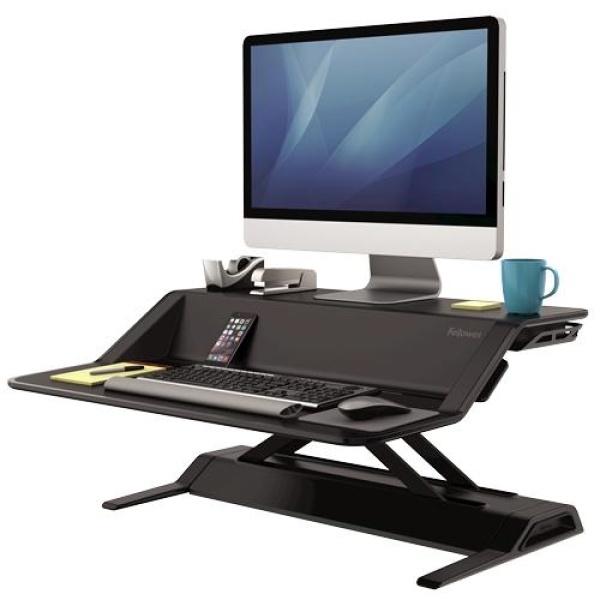 Fellowes Sit-Stand Lotus Estacion de Trabajo - 22 Ajustes en Altura - Ofrece una Maxima Estabilidad - Dos Amplias Superficies - Color Negro