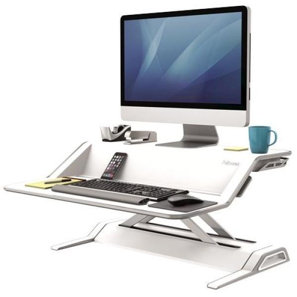 Fellowes Sit-Stand Lotus Estacion de Trabajo - 22 Ajustes en Altura - Ofrece una Maxima Estabilidad - Dos Amplias Superficies - Color Blanco