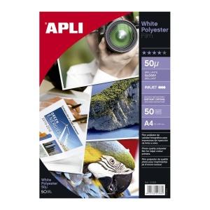 Apli Film Poliester Blanco Adhesivo A4 - Acabado Brillante - Secado Instantaneo - 50 hojas - 01386