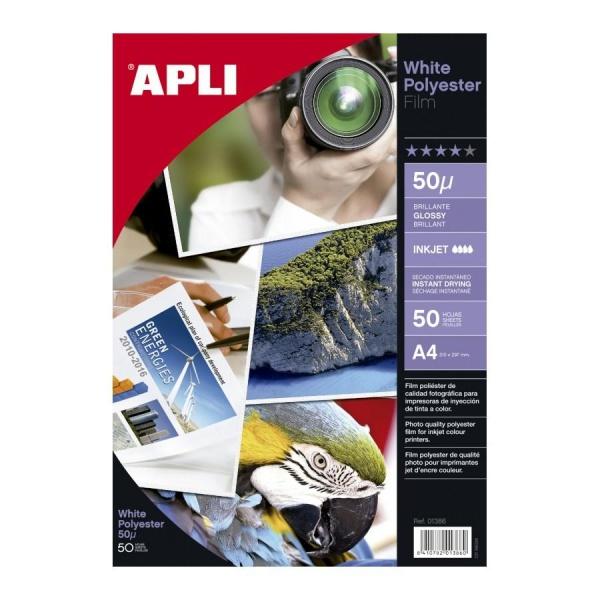Apli Film Poliester Blanco Adhesivo A4 - Acabado Brillante - Secado Instantaneo - 50 hojas - 01386