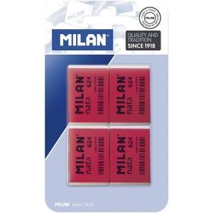 Milan Nata 624 Pack de 4 Gomas de Borrar Rectangulares - Plastico - Suave - No Abrasiva - Color Rojo Blanco