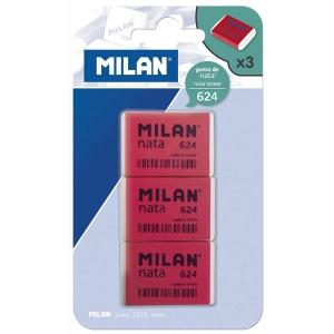 Milan Nata 624 Pack de 3 Gomas de Borrar Rectangulares - Plastico - Suave - No Abrasiva - Color Rojo Blanco