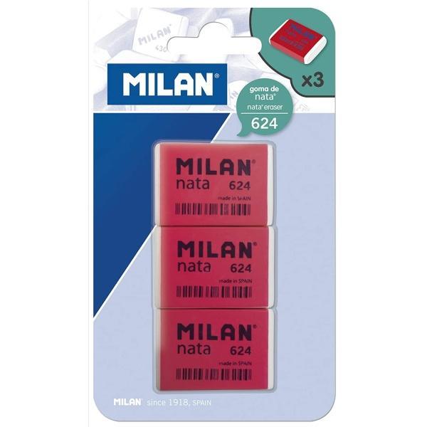 Milan Nata 624 Pack de 3 Gomas de Borrar Rectangulares - Plastico - Suave - No Abrasiva - Color Rojo Blanco