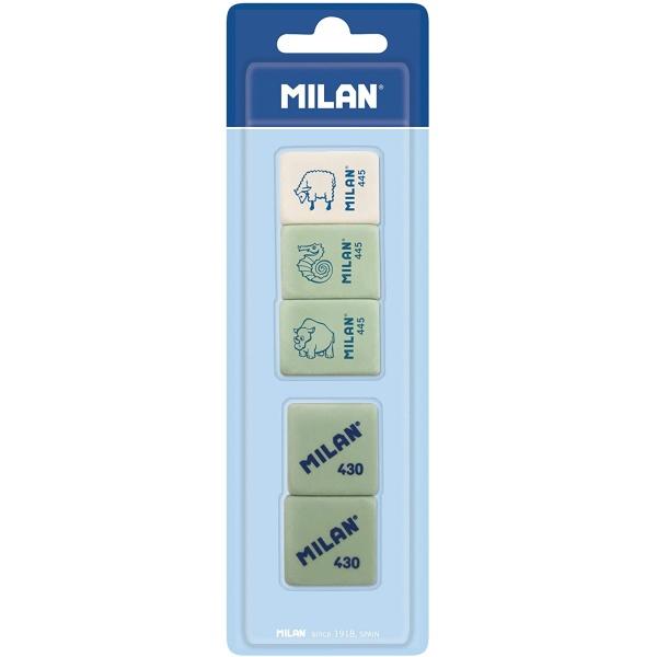 Milan Pack de 5 Gomas de Borrar, 3xGomas 445 Nata Rectangulares + 2xGomas 430 Cuadradas - Miga de pan - Caucho Suave Sintetico - Colores Surtidos