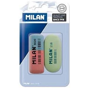 Milan Pack de 2 Gomas de Borrar, 1xGoma 8020 Biselada Doble Intensidad + 1xGoma 118 Ovalada - Caucho Sintetico - Para toda Clase de Papeles - Colores Surtidos