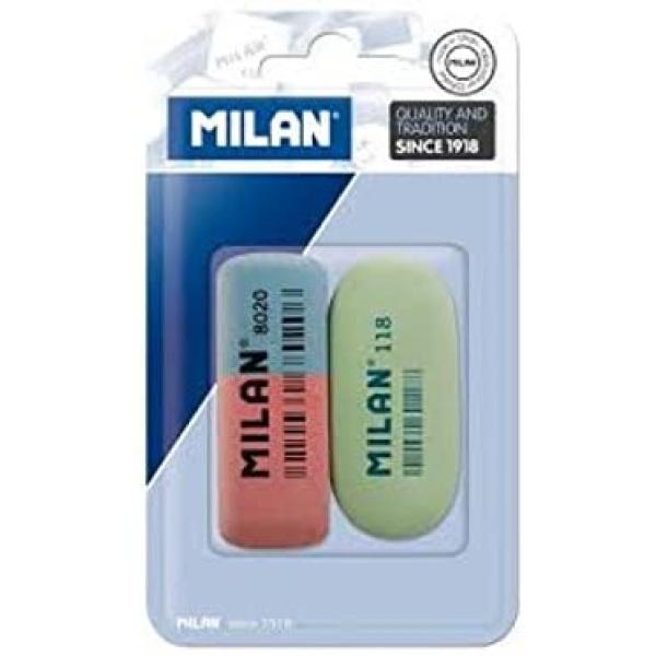 Milan Pack de 2 Gomas de Borrar, 1xGoma 8020 Biselada Doble Intensidad + 1xGoma 118 Ovalada - Caucho Sintetico - Para toda Clase de Papeles - Colores Surtidos
