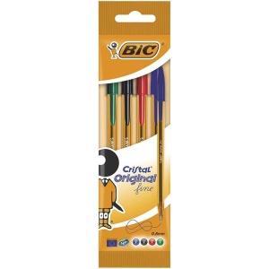 Bic Cristal Original Fine Pack de 4 Boligrafos de Bola – Punta Redonda de 0.8mm – Trazo de 0.30mm – Tinta con Base de Aceite – Translucido – Colores Surtidos