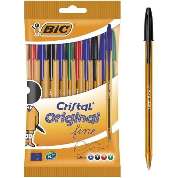 Bic Cristal Original Fine Pack de 10 Boligrafos de Bola – Punta Redonda de 0.8mm – Trazo de 0.30mm – Tinta con Base de Aceite – Translucido – Colores Surtidos
