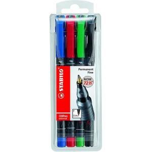 Stabilo OHPen Pack de 4 Rotuladores Permanentes - Punta Fina - Trazo de 0.7mm - Agarre Antideslizante - Tapon Ventilado - Colores Surtidos