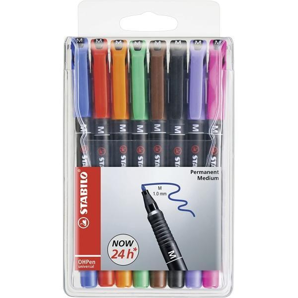 Stabilo OHPen Pack de 8 Rotuladores Permanentes - Punta Media - Trazo de 1mm - Agarre Antideslizante - Tapon Ventilado - Colores Surtidos