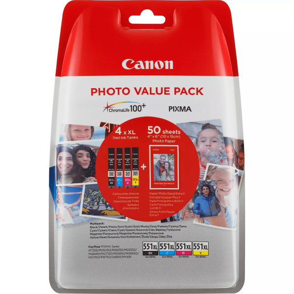 Original Canon CLI551XL Pack de 4 Cartuchos de Tinta es - 50 Hojas de Papel Fotografico - 6443B006