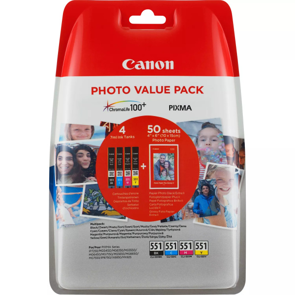 Original Canon CLI551 Pack de 4 Cartuchos de Tinta es - 50 Hojas de Papel Fotografico - 6508B005