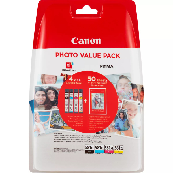 Original Canon CLI581XL Pack de 4 Cartuchos de Tinta es - 50 Hojas de Papel Fotografico - 2052C004