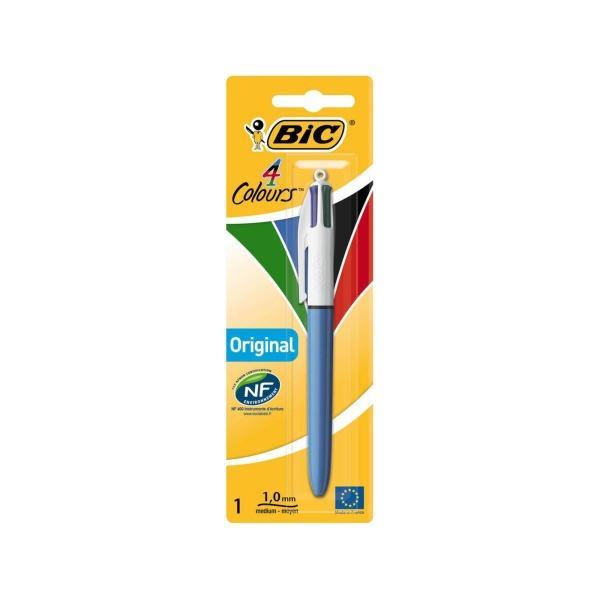 Bic 4 Colours Original Boligrafo de Bola Retractil - Punta Media de 1.0mm - Tinta con Base de Aceite - Cuerpo Azul Blanco - 4 Colores