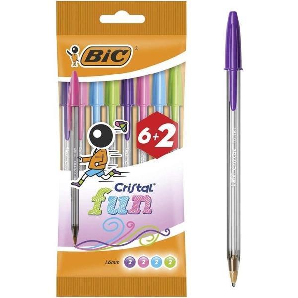 Bic Cristal Fun 6+2 Pack de 8 Boligrafos de Bola – Punta Redonda de 1.6mm – Trazo 0.42mm – Tinta con Base de Aceite – Colores Surtidos
