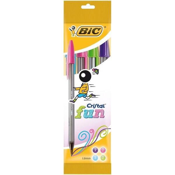 Bic Cristal Fun Pack de 4 Boligrafos de Bola – Punta Redonda de 1.6mm – Trazo 0.42mm – Tinta con Base de Aceite – Colores Surtidos