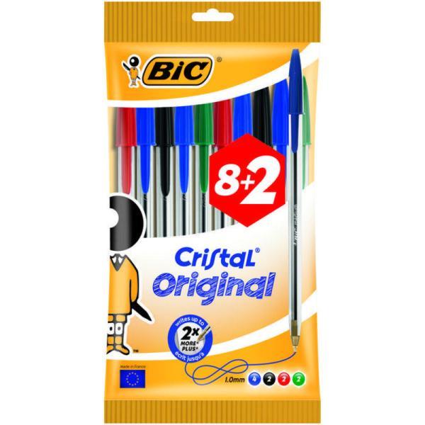 Bic Cristal Original Pack de 10 Boligrafos de Bola – Punta Redonda de 1.0mm – Trazo 0.4mm – Tinta con Base de Aceite – Colores Surtidos