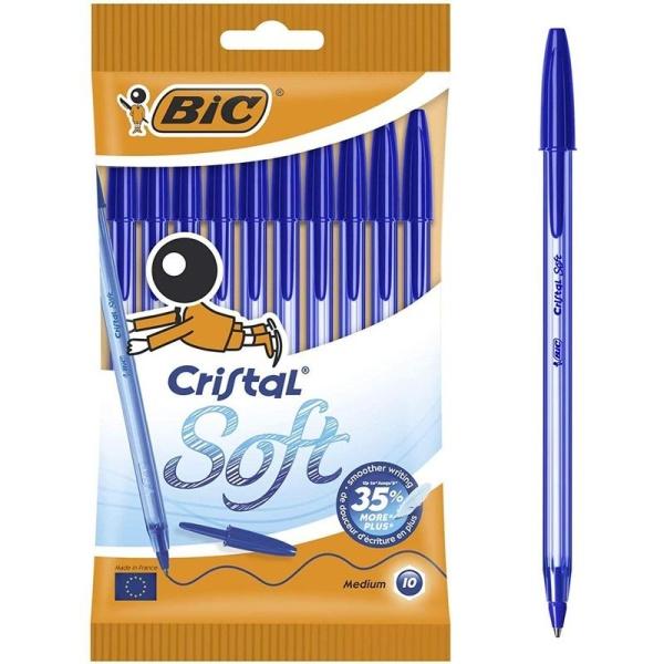 Bic Cristal Soft Pack de 10 Boligrafos de Bola – Punta Media de 1.2mm – Trazo 0.45mm – Escritura mas Fluida – Color Azul