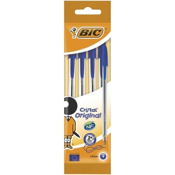 Bic Cristal Original Pack de 4 Boligrafos de Bola – Punta Redonda de 1.0mm – Trazo 0.4mm – Tinta con Base de Aceite – Color Azul