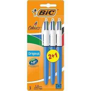 Bic 4 Colours Original Pack de 3 Boligrafos de Bola Retractil – Punta Media de 1.0mm – Tinta con Base de Aceite – Cuerpo Azul/Blanco – 4 Colores