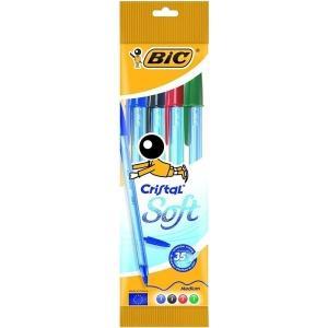 Bic Cristal Soft Pack de 4 Boligrafos de Bola – Punta Media de 1.2mm – Trazo 0.45mm – Escritura mas Fluida – Colores Surtidos
