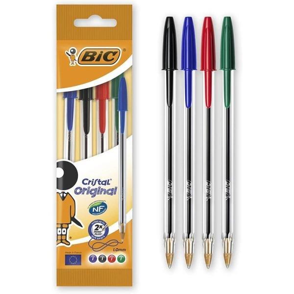 Bic Cristal Original Pack de 4 Boligrafos de Bola – Punta Redonda de 1.0mm – Trazo 0.4mm – Tinta con Base de Aceite – Colores Surtidos