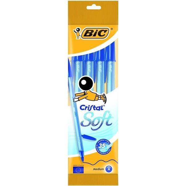 Bic Cristal Soft Pack de 4 Boligrafos de Bola – Punta Media de 1.2mm – Trazo 0.45mm – Escritura mas Fluida – Color Azul