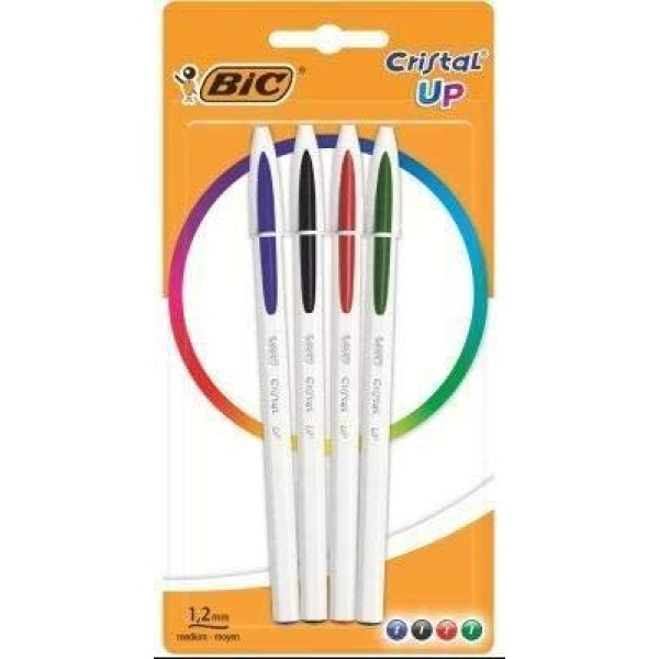 Bic Cristal Up Pack de 4 Boligrafos de Bola - Punta Redonda de 1.2mm - Trazo 0.6mm - Tinta con Base de Aceite - Cuerpo Blanco - Colores Surtidos