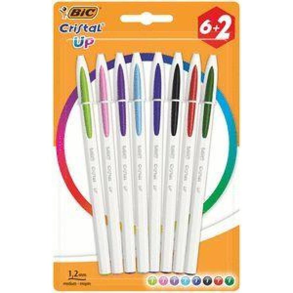 Bic Cristal Up Pack de 8 Boligrafos de Bola - Punta Redonda de 1.2mm - Trazo 0.6mm - Tinta con Base de Aceite - Cuerpo Blanco - Colores Surtidos