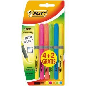 Bic Brit Liner Grip 4+2 Pack de 6 Marcadores Fluorescentes - Tinta con Base de Agua - Punta Biselada - Trazo entre 1.60 y 3.30mm - Colores Surtidos