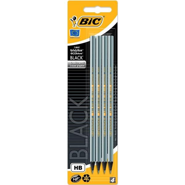 Bic Evolution Black Pack de 4 Lapices de Grafito Hexagonales - Mina HB Ultrarresistente - Sin Madera - No se Astilla