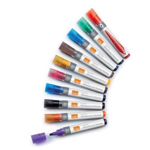Nobo Caja de 10 Rotuladores para Pizarra Blanca - Punta Redonda 3mm - Tinta Liquida - Nivel de Tinta - Colores Surtidos