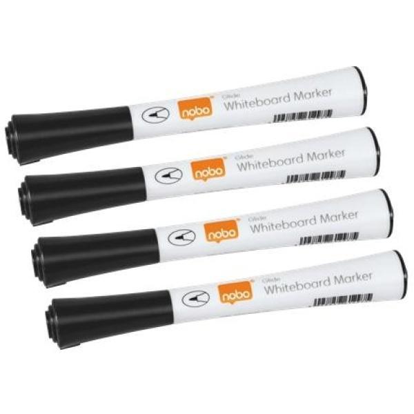 Nobo Pack de 4 Rotuladores para Pizarra Blanca - Punta Fina 1mm - Tinta con Poco Olor - Color Negro