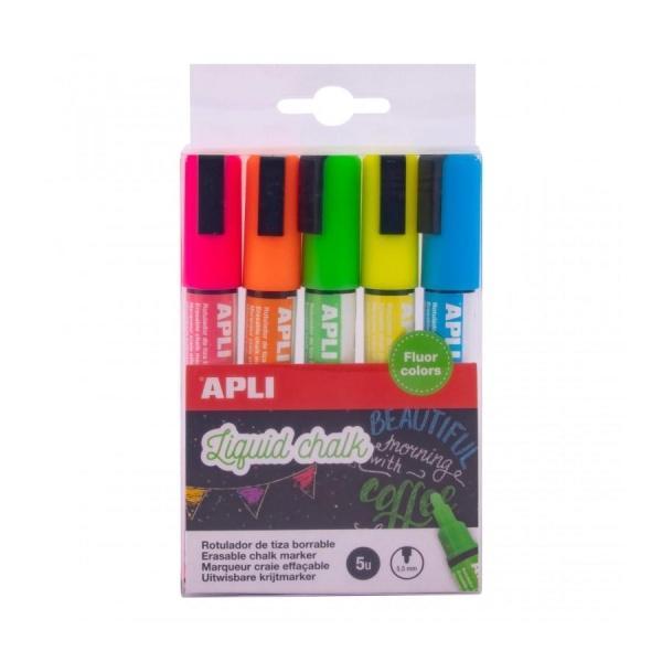 Apli Pack de 5 Rotuladores de Tiza Liquida Punta Redonda - Punta 5.5 mm - Secado Rapido - Colores Surtidos 13959