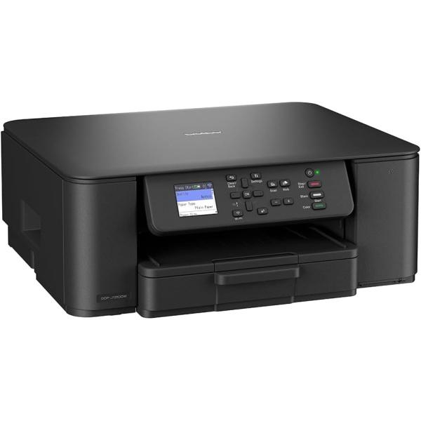 Ángulo tres cuartos a la derecha mostrando el panel de control y la bandeja de papel de la Brother DCP-J1310DW. WiFi y Doble Cara. Disponible con envío 24h en Núcleo Digital.
