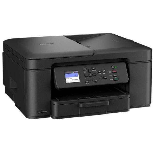 Ángulo tres cuartos a la izquierda mostrando el perfil estilizado y la salida de papel del equipo multifunción Brother. WiFi, Dúplex y Sistema de Tinta de Alta Capacidad. Disponible con envío 24h en Núcleo Digital.